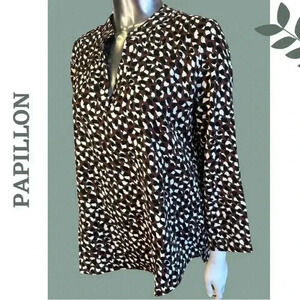 Papillon 3/4 Sleeve Spotted Blouse Black Brown White Open Collar Size Small